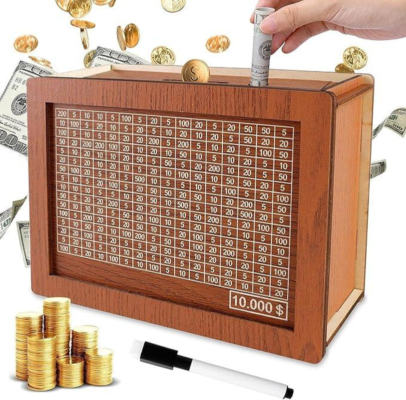 Cash Vault Wooden Savings Box, Wooden Cash Saver Money Box with Money Target and Numbers, Wooden Coin Bank Money Box with Counter for Savings Goal $10000 Halloween, Christmas Gift