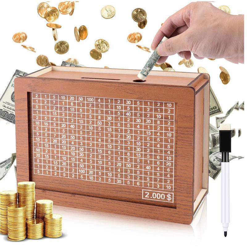 Cash Vault Wooden Savings Box, Wooden Cash Saver Money Box with Money Target and Numbers, Wooden Coin Bank Money Box with Counter for Savings Goal $10000 Halloween, Christmas Gift