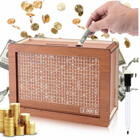 Cash Vault Wooden Savings Box, Wooden Cash Saver Money Box with Money Target and Numbers, Wooden Coin Bank Money Box with Counter for Savings Goal $10000 Halloween, Christmas Gift