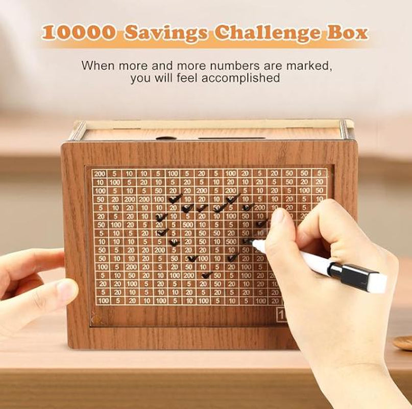 Cash Vault Wooden Savings Box, Wooden Cash Saver Money Box with Money Target and Numbers, Wooden Coin Bank Money Box with Counter for Savings Goal $10000 Halloween, Christmas Gift