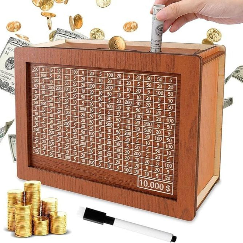 Cash Vault Wooden Savings Box, Wooden Cash Saver Money Box with Money Target and Numbers, Wooden Coin Bank Money Box with Counter for Savings Goal $10000 Halloween, Christmas Gift